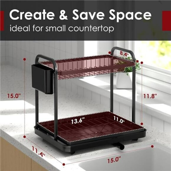 2-Tier Dish Drying Rack Stainless Steel Kitchen Organizer with Drainboard and Ho - Picture 2 of 7